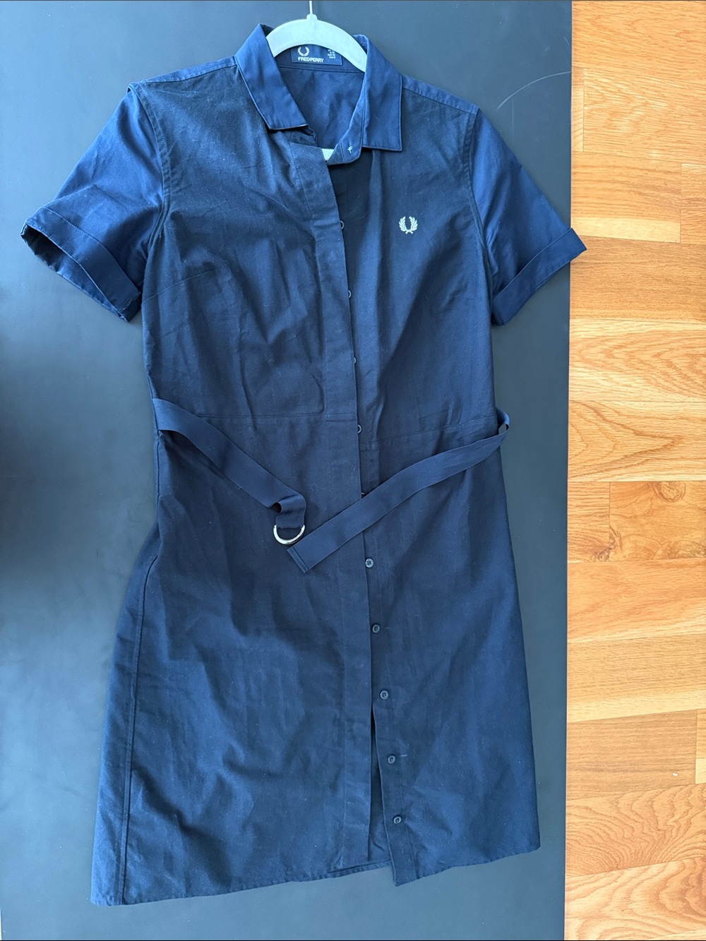 Fred Perry Navy Short-Sleeve Button Dress with Waist Belt